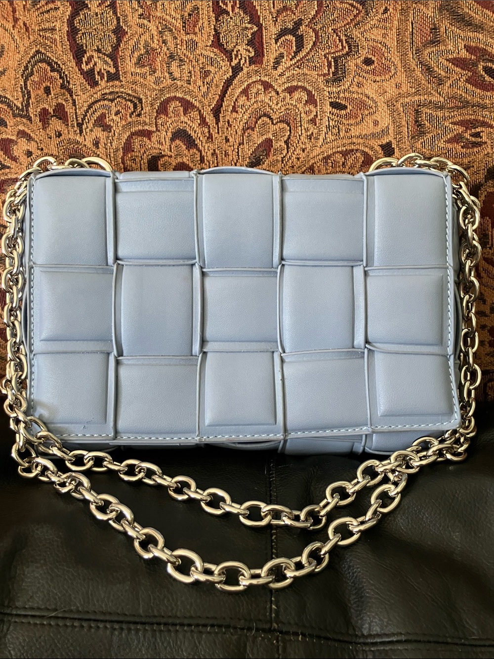 Woven Leather Chain Shoulder Bag in Light Blue